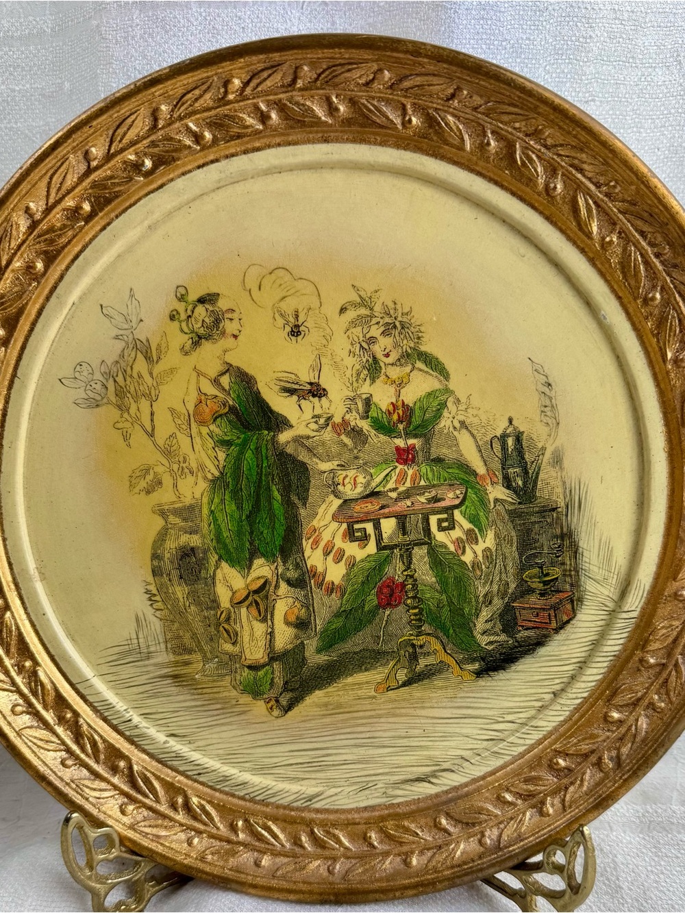 Vintage Style Javier Marin 19th Century Tax the Tea Satire Gold Decorative Plate